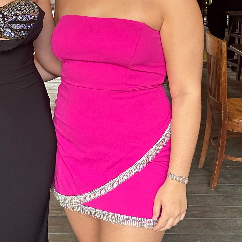Pink strapless mini dress with rhinestone details